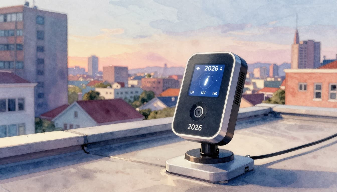Futuristic 2026 weather station with ultrasonic anemometer, acoustic rain sensor, UV and lightning detectors on a sleek rooftop in city suburb, watercolor style with evening light.