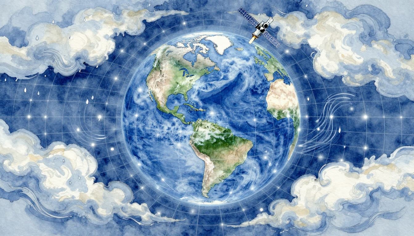 Watercolor-style illustration of Earth from space featuring a 3D grid of glowing points and lines over the surface and atmosphere, with weather elements like swirling clouds, rain drops, and wind arrows flowing between grid points, and a weather satellite in orbit.