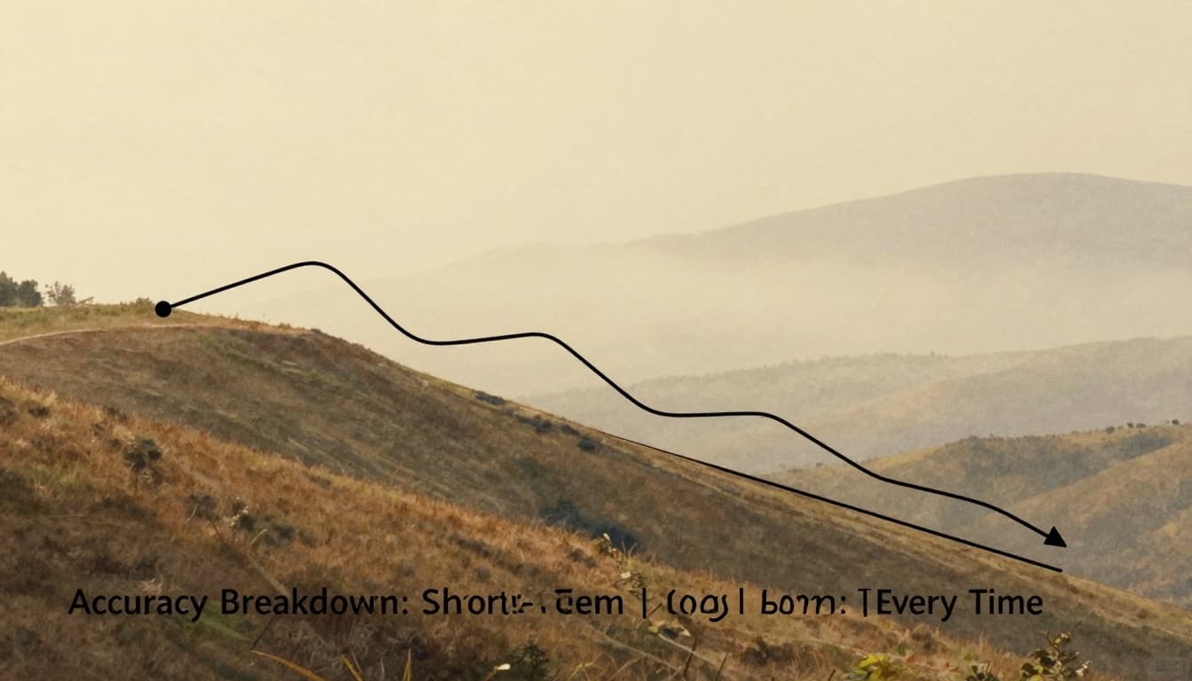 Watercolor landscape depicting accuracy as a winding path on a hill, starting steep in the foreground for high short-term accuracy and flattening into foggy distance for long-term uncertainty, with earthy palette and soft brush textures.