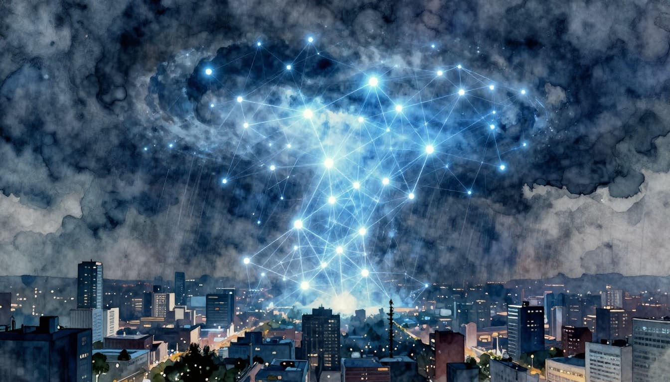 Futuristic AI neural network visualization merges with satellite imagery to detect an approaching storm over a city, featuring glowing connections spotting patterns in watercolor style with ethereal blue tones.