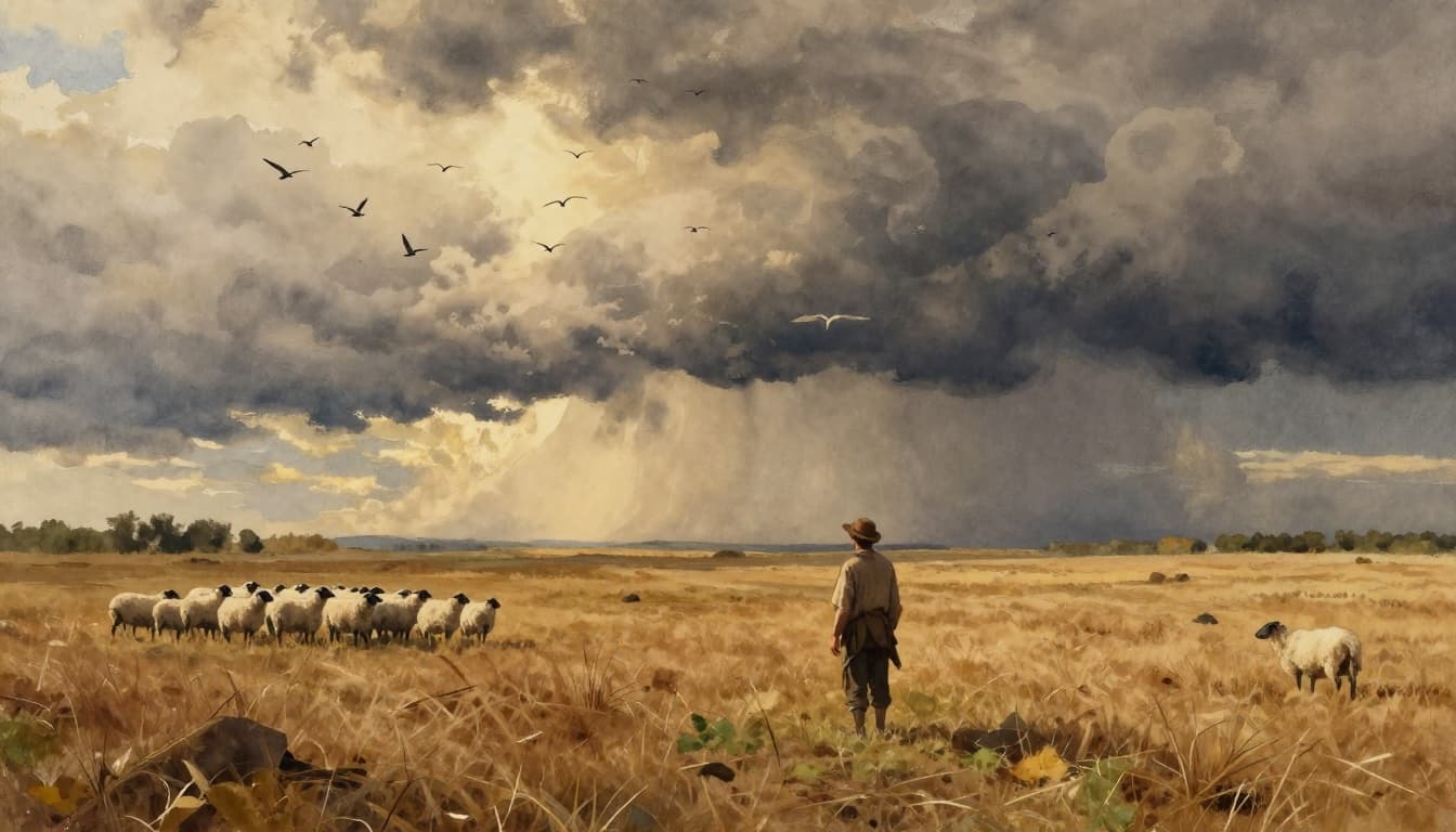 An ancient farmer watches storm clouds and huddling sheep in a watercolor scene.