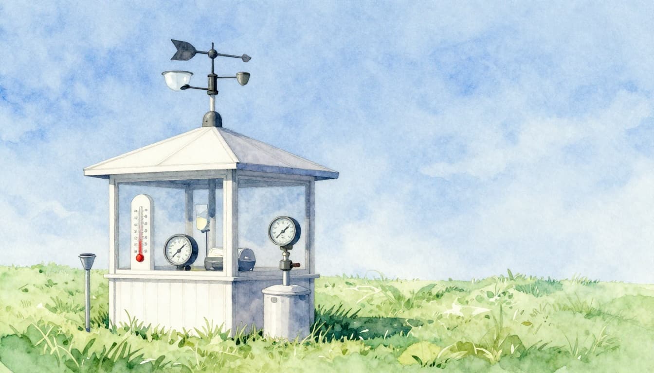 Watercolor illustration of a backyard weather station setup featuring a white sensor shelter with thermometer, hygrometer, and barometer, a tall pole with anemometer and wind vane, and tipping bucket rain gauge against green grass and blue sky.