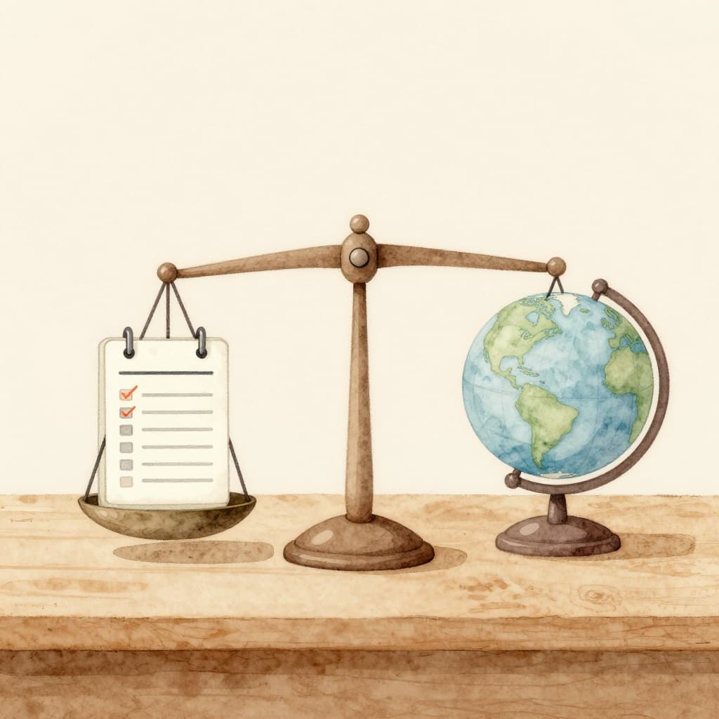 Watercolor-style illustration featuring balanced scales on a wooden desk, with short-term tactical icons like a daily planner on the left side and long-term strategic globe on the right, set against a warm neutral background with soft blending and earthy palette.