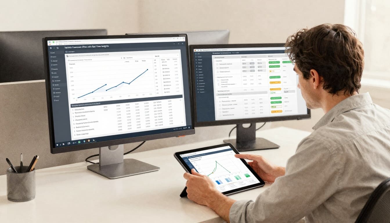 A business professional sits relaxed at a desk in a dynamic office, updating a digital dashboard on a tablet displaying real-time graphs, incoming orders, and alerts. Watercolor style with soft blending, visible brush texture, neutral beige background, soft overhead lighting, landscape composition.