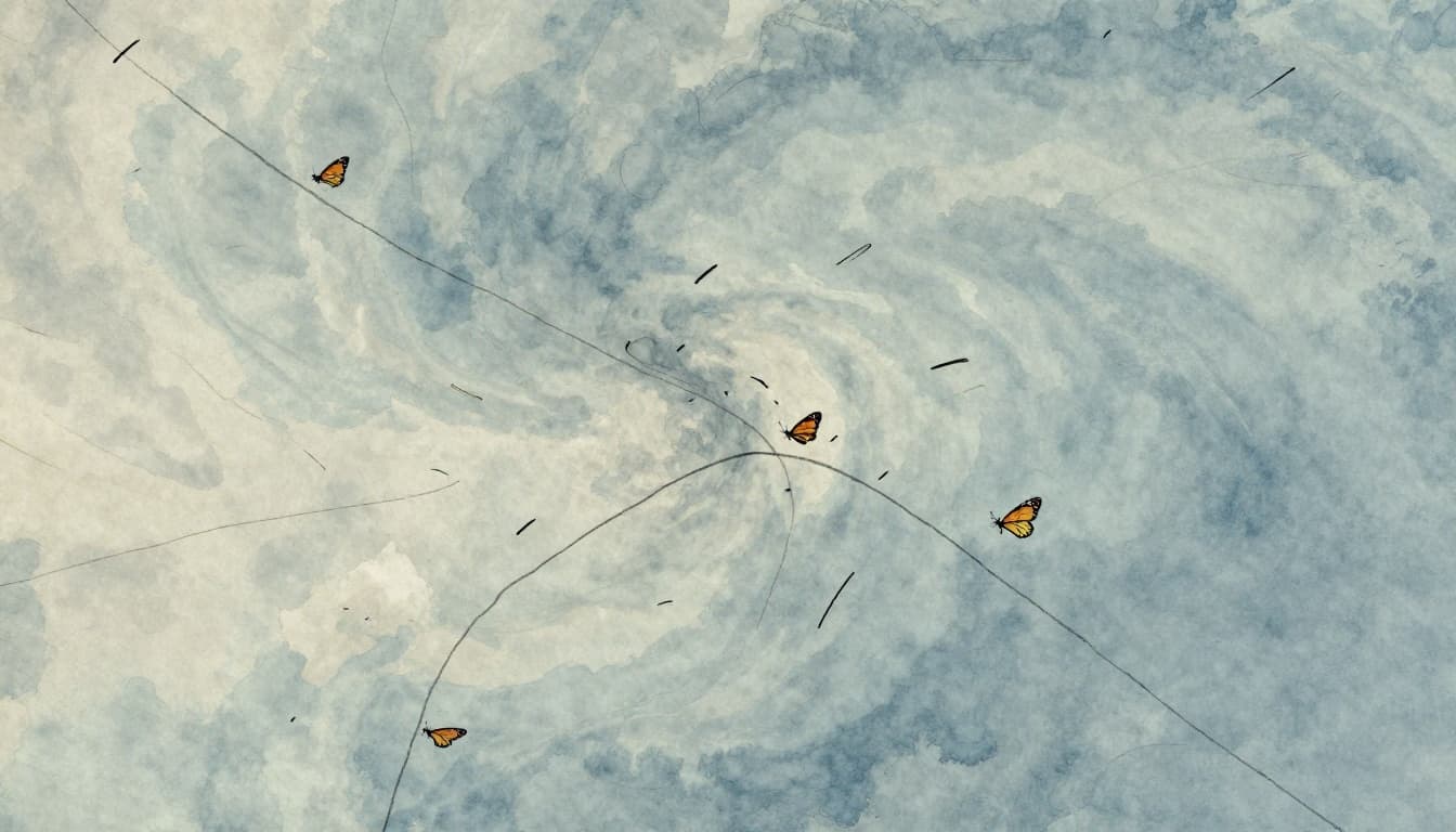 Two diverging paths of storm systems on abstract weather maps start from a tiny butterfly wing flap perturbation, one calm and one chaotic, in watercolor style with soft blending and visible brush texture, pale blue background, earthy muted palette.