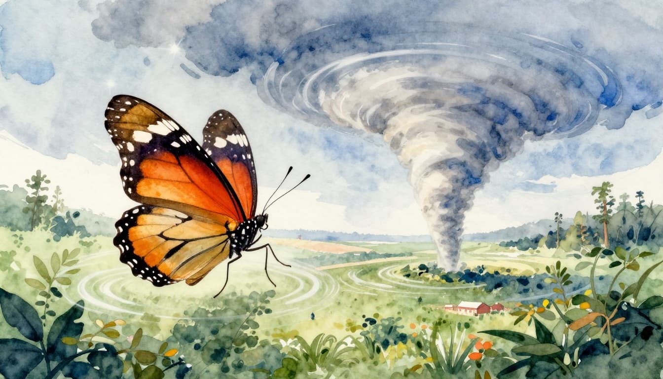 A delicate butterfly flaps its wings in a lush Brazilian forest, sending subtle air ripples across the atmosphere toward a forming tornado over Texas plains, rendered in watercolor style with soft blending.