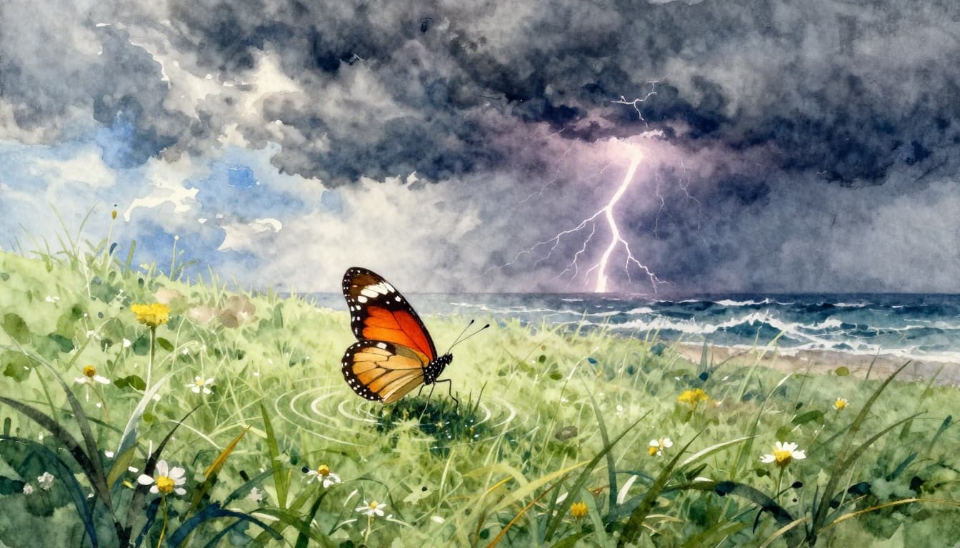 A single delicate butterfly flaps its wings in a lush green meadow under a blue sky, sending faint air ripples that amplify into distant swirling storm clouds, lightning, and choppy ocean waves, rendered in watercolor style with soft blending and brush textures.