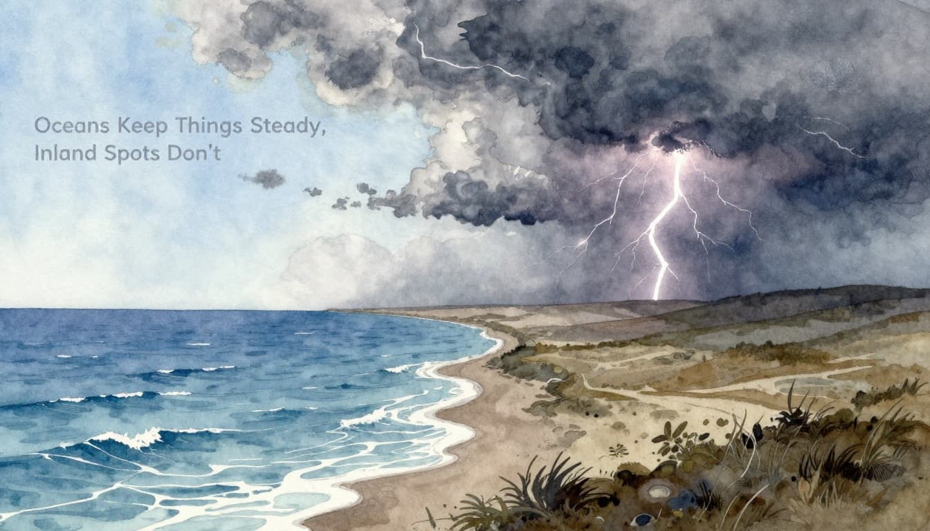 Split watercolor landscape contrasting serene blue ocean waves under clear skies on the left with turbulent stormy inland plains, dark clouds, and lightning on the right, featuring soft blending, brush texture, and earthy muted palette.