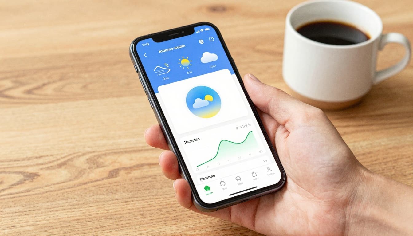 Smartphone held in relaxed hand displaying weather app graphs for temperature, humidity, and wind on wooden table with coffee mug nearby, in watercolor style with soft blending and warm lighting.
