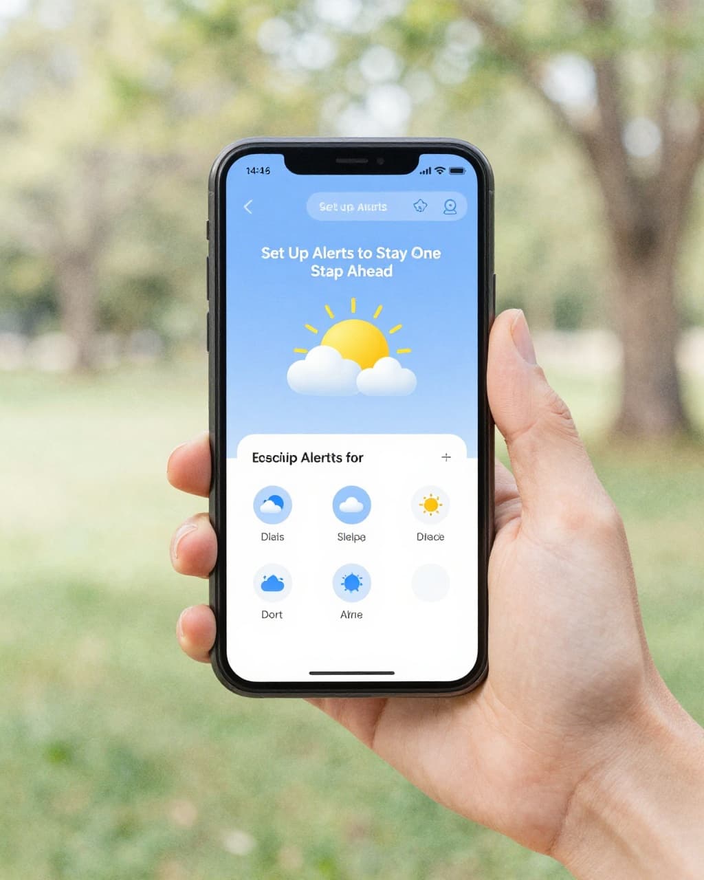 A single person outdoors in mild spring weather checks their smartphone with subtle weather notifications popping up, in a relaxed pose. Watercolor style features soft blending, brush texture, trees, light clouds in a US landscape, portrait aspect ratio.