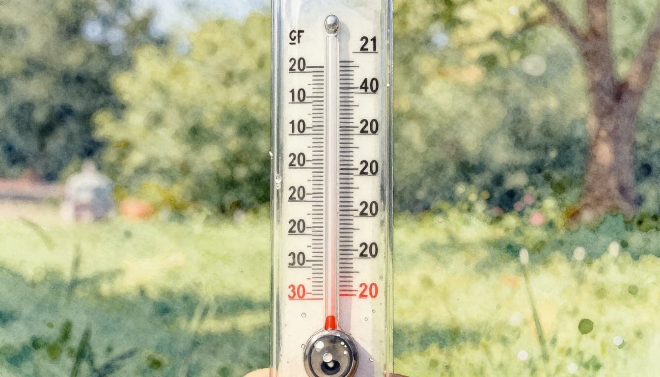 A watercolor-style close-up of a classic glass thermometer showing 70°F and 21°C in a sunny outdoor garden setting with water drops on the bulb.