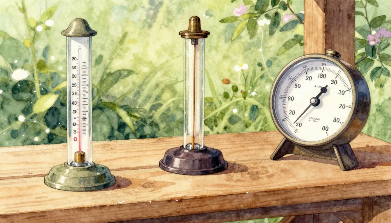 Traditional mercury thermometer, hair hygrometer, and aneroid barometer on a wooden shelf in a sunny garden shed, watercolor style with soft blending and natural daylight.