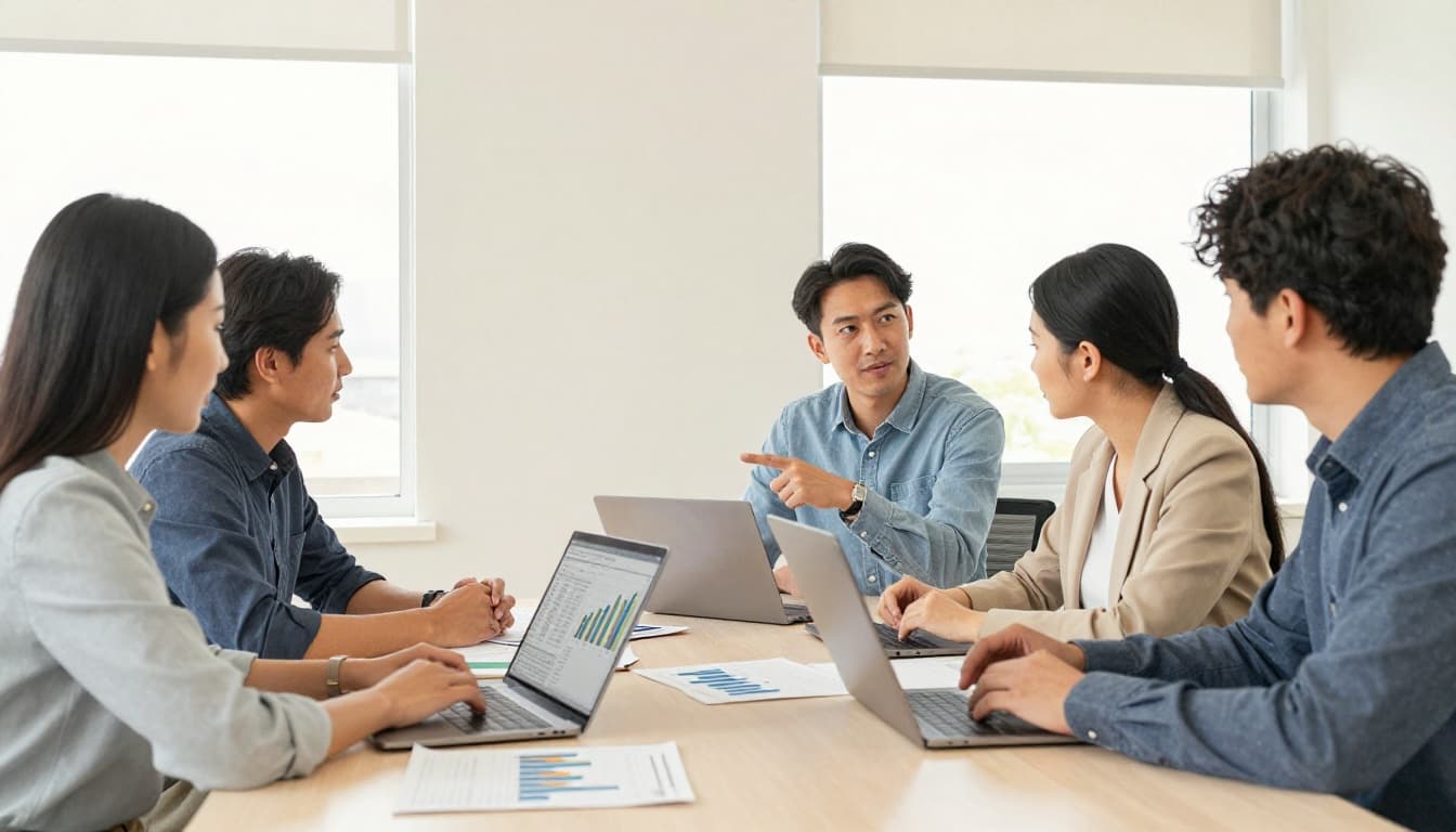 A diverse team of four professionals gathers around a table in a bright conference room, pointing to sales data charts and graphs on laptops and a shared screen, in a collaborative discussion atmosphere rendered in watercolor style.