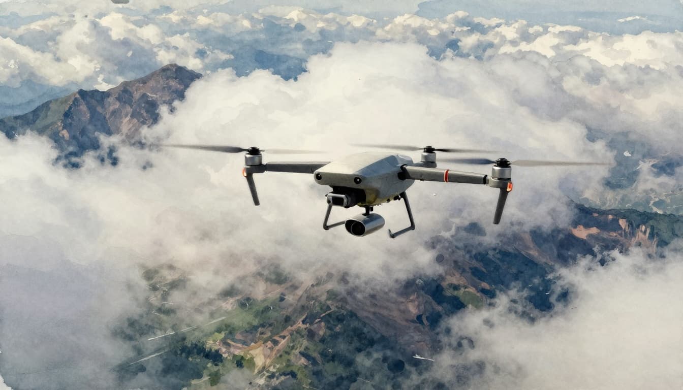 A small drone equipped with weather sensors flies low over stormy clouds above rugged mountains in an aerial side view.