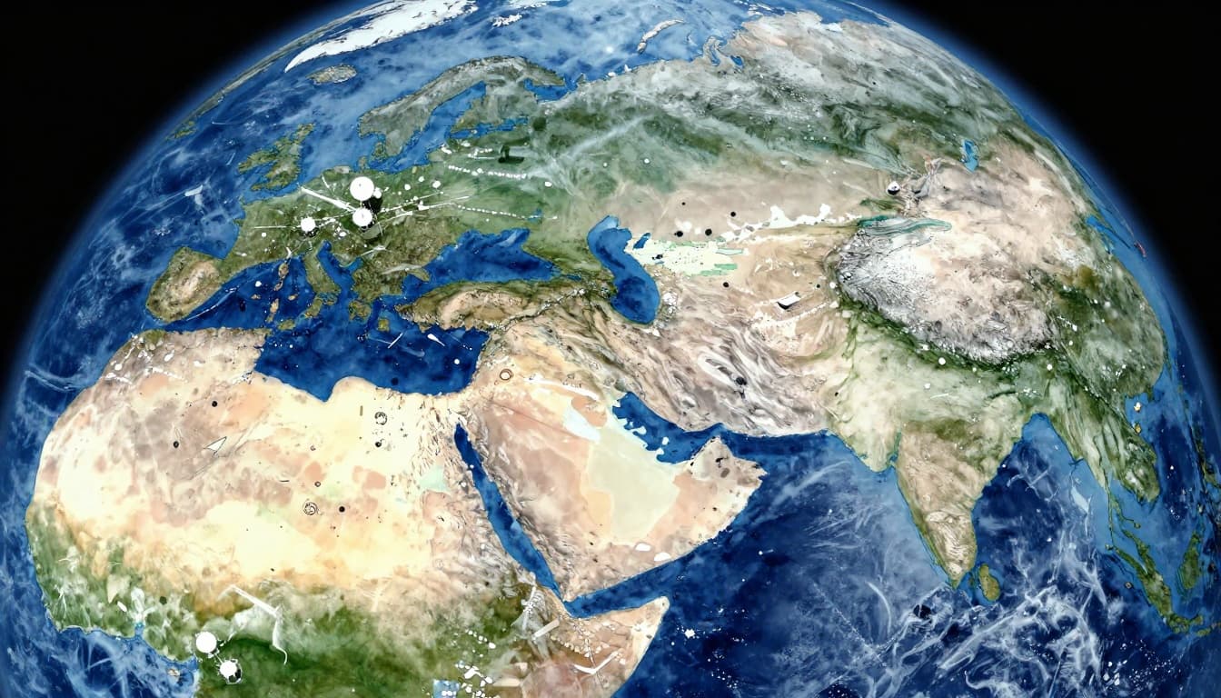 Satellite view of Earth in watercolor style showing sparse weather sensors over oceans and mountains contrasted with dense dots over cities.
