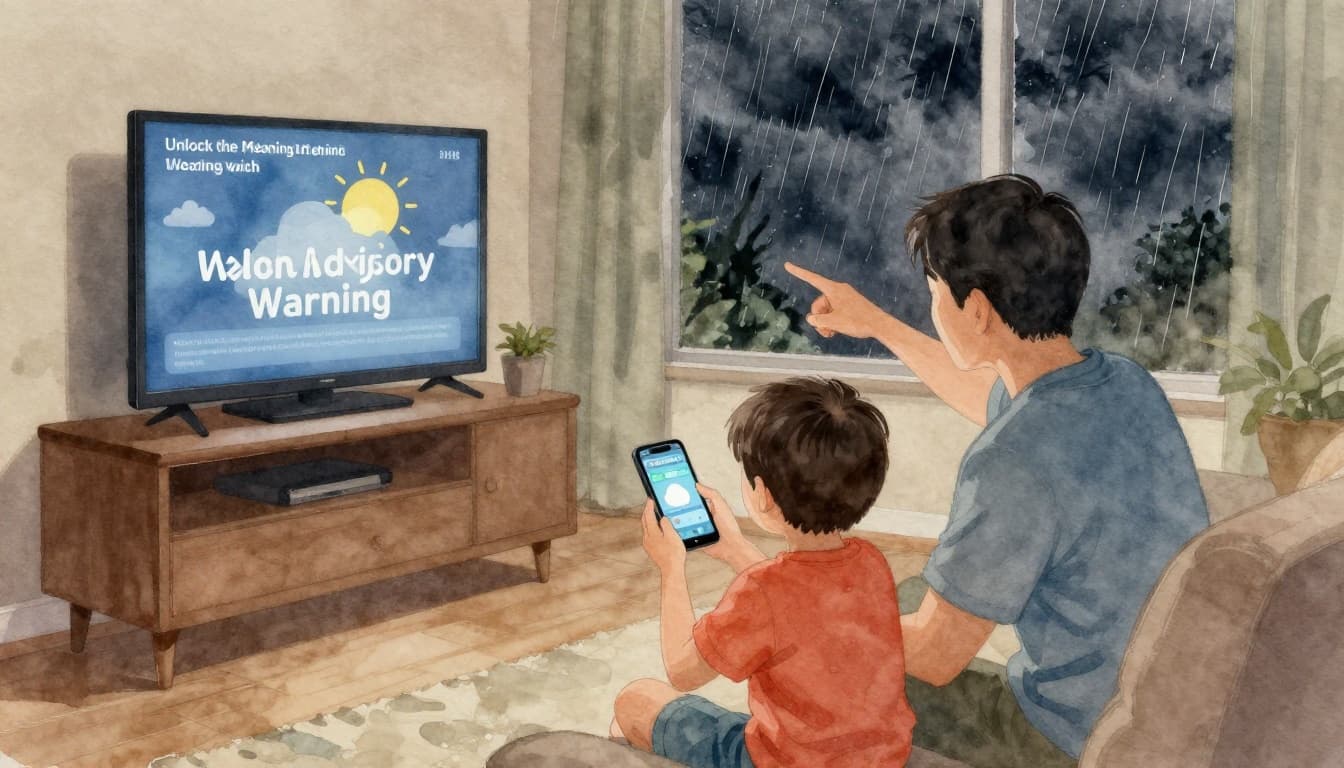 A family of two adults and one child in a cozy living room checks weather alerts on a phone and TV during a stormy evening, in watercolor style.