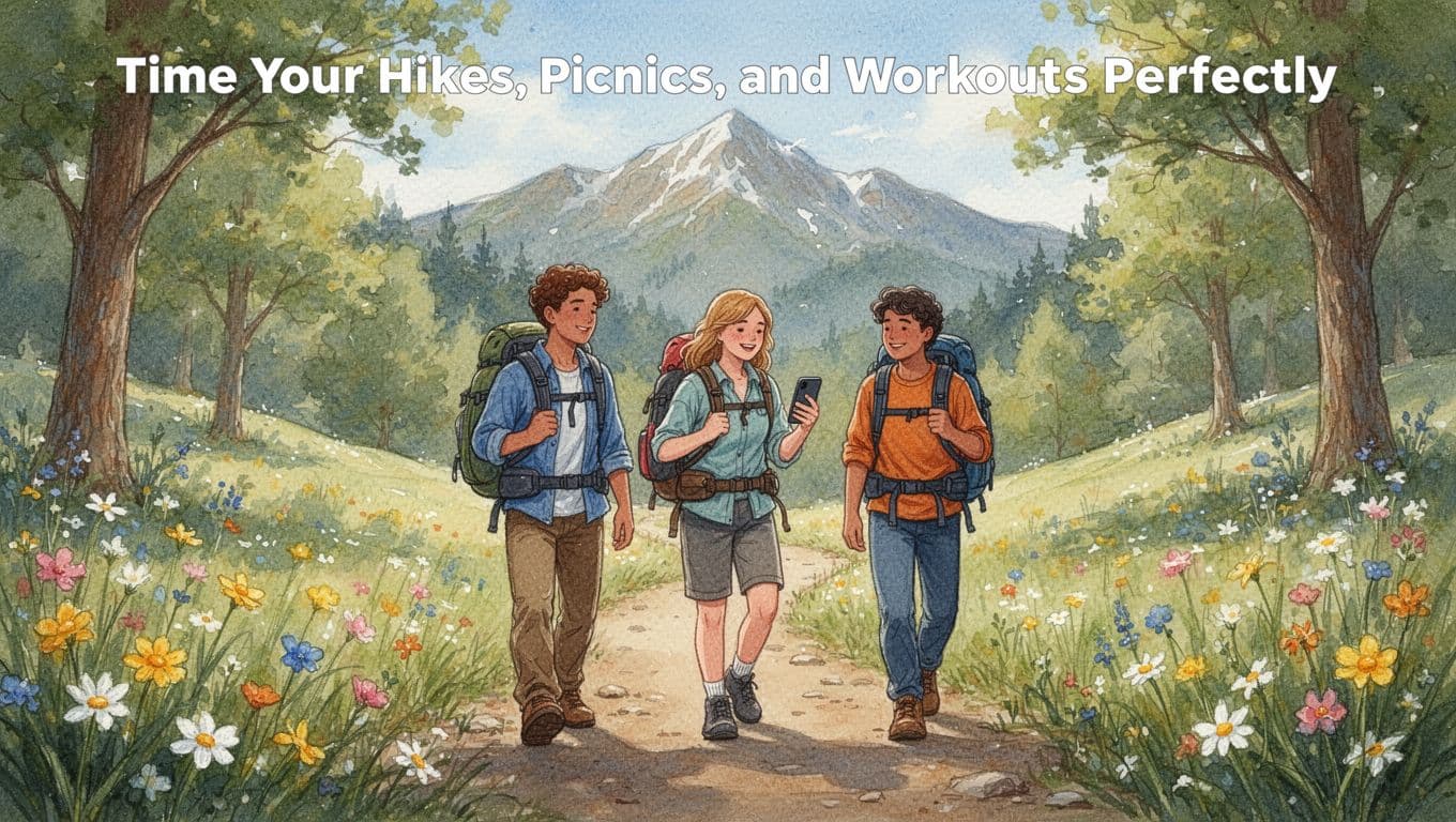 Three friends relaxedly hike a sunny spring trail with backpacks, one checking the weather forecast on their phone amid trees and wildflowers, in watercolor style with soft blending.