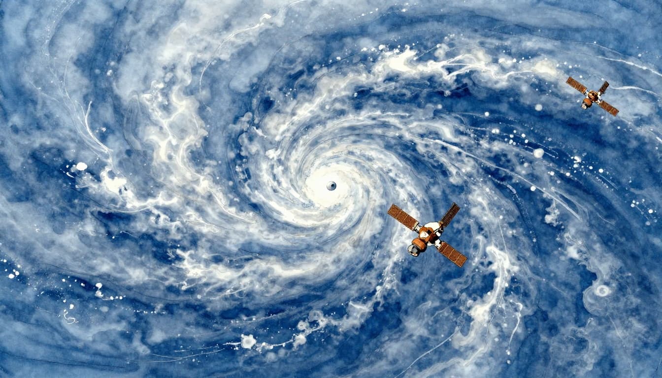 Geostationary and polar-orbiting satellites circling Earth with swirling storm clouds over oceans and poles, viewed from space in watercolor style.