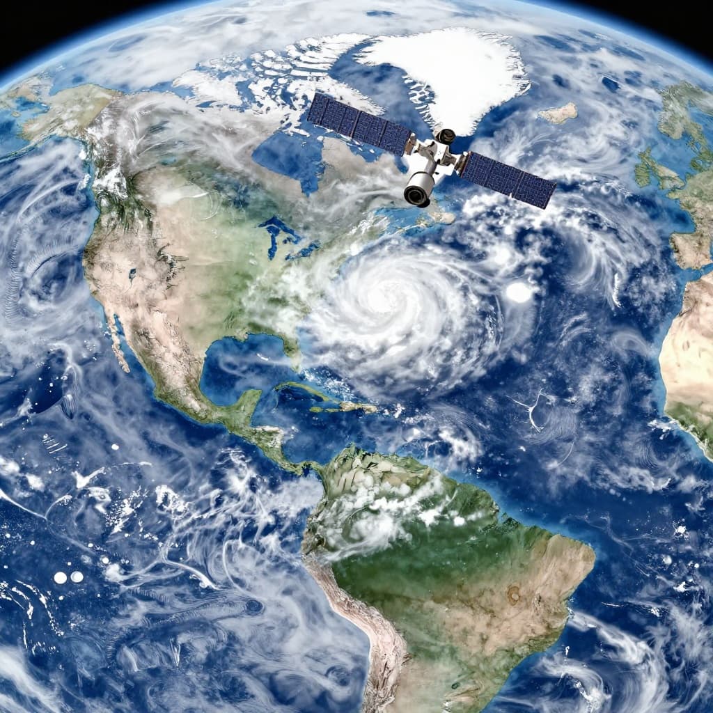 Geostationary satellite high above Earth imaging swirling storm clouds, hurricanes, and global cloud patterns over North America and the Atlantic, with visible oceans and continents in soft watercolor style using pale blues, whites, and grays.