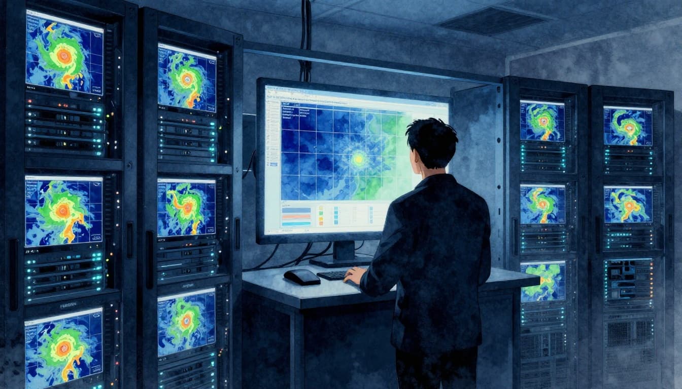 Dimly lit supercomputer room with rows of glowing server racks and screens showing weather model grids, featuring a silhouetted meteorologist viewing a screen, rendered in watercolor style with blue and silver palette.