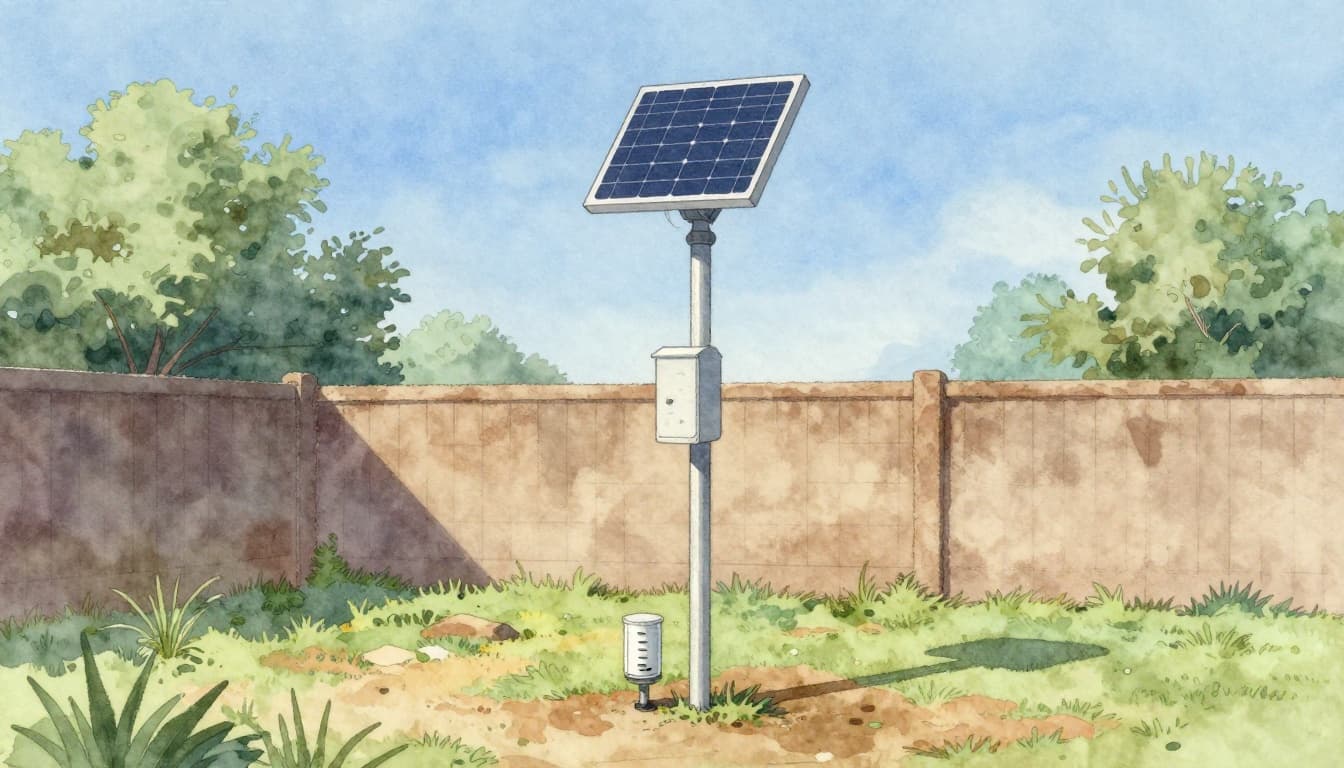 Watercolor illustration of step-by-step home weather station installation, depicting pole mounting in an open yard with sensor shelter midway up the pole, solar panel on top, rain gauge at base, clear sky, side angle composition with soft earth tones, blues, natural lighting, and visible brush texture.