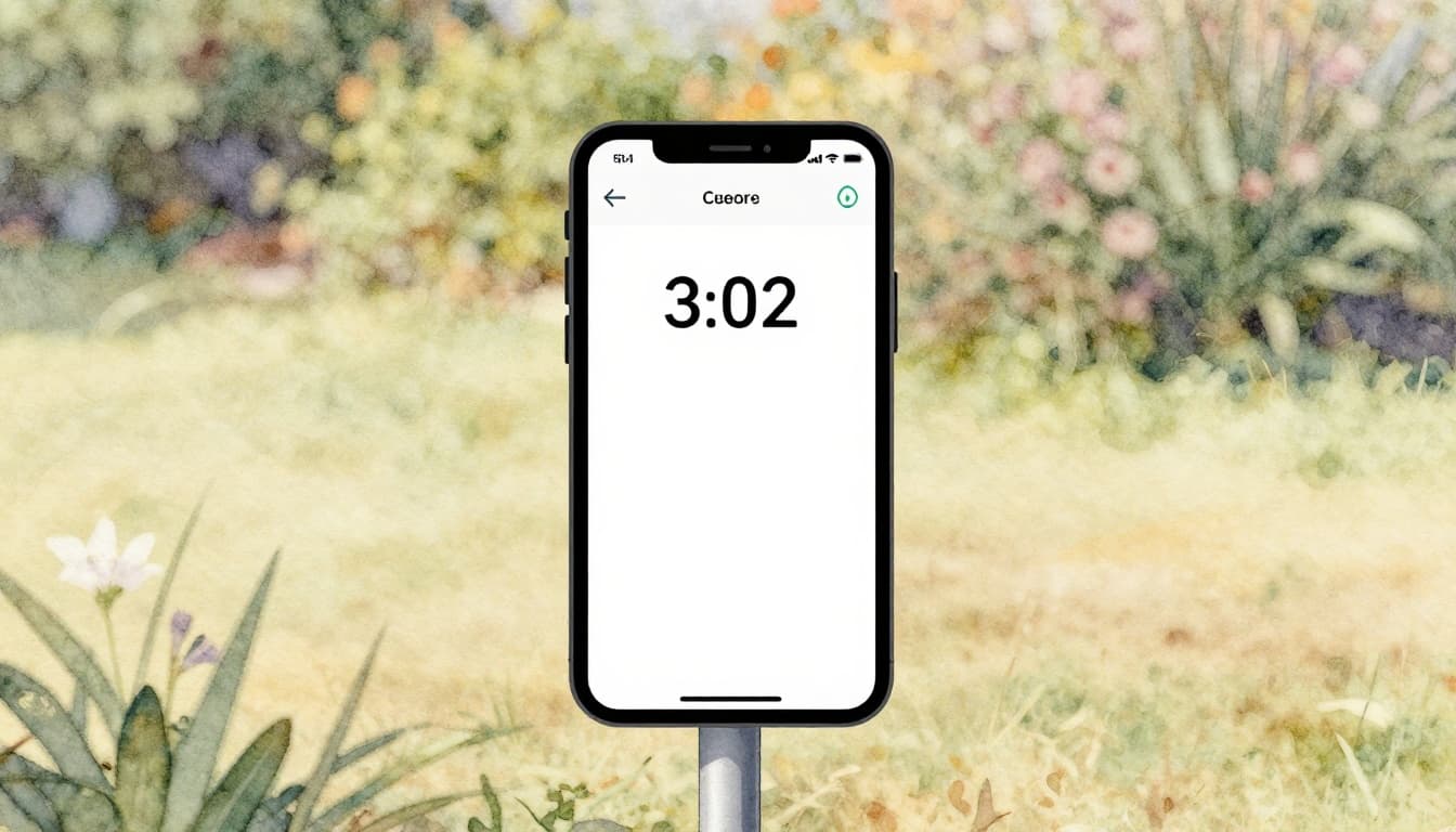 A personal home weather station in a garden with basic sensors displays data on a nearby smartphone app, screen angled away with no readable text. Relaxed outdoor watercolor scene with soft blending, visible brush texture, and warm daylight tones.