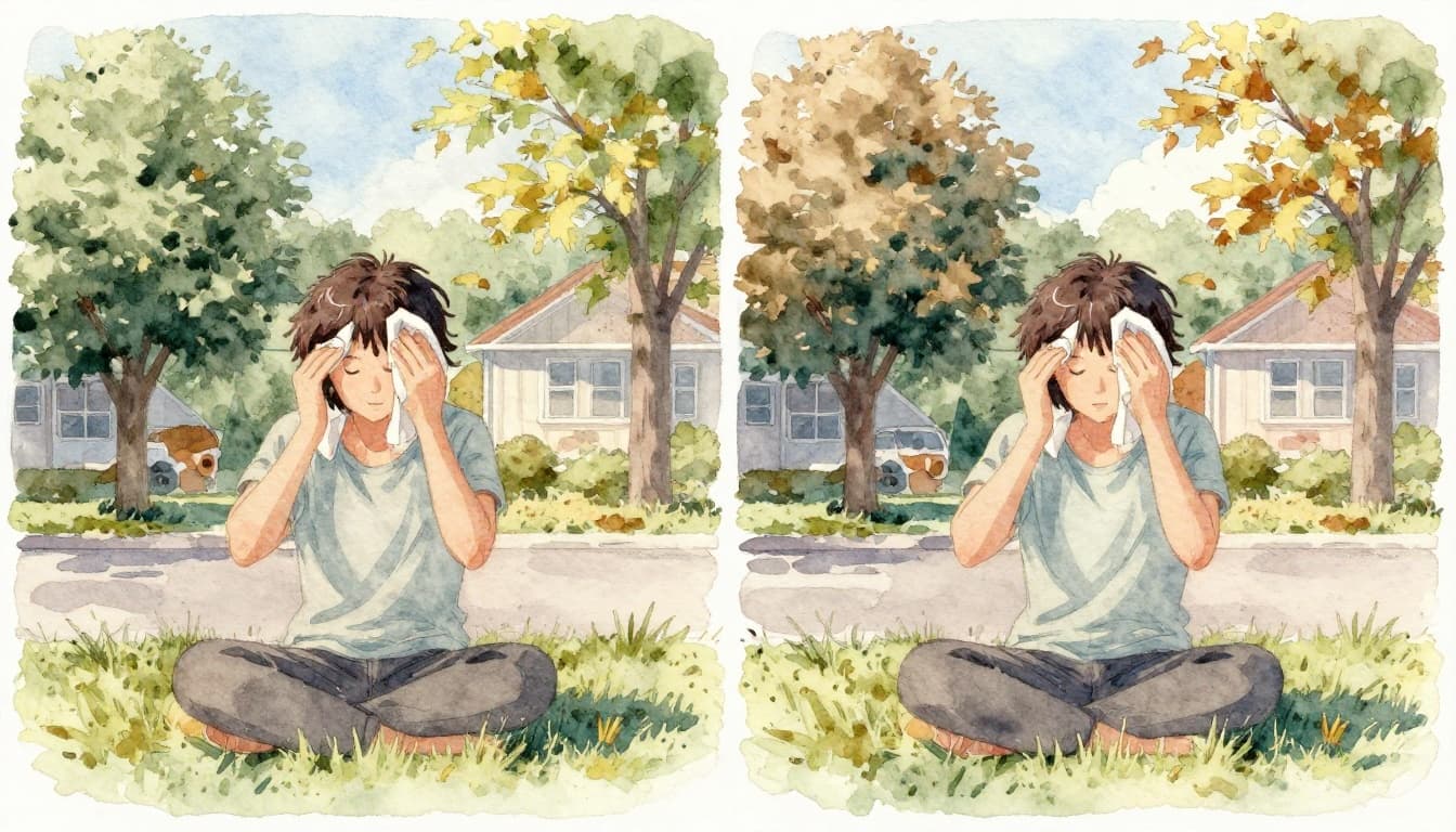 Side-by-side split composition of a person wiping sweat in heavy hot humid summer air next to crisp dry cool fall leaves, watercolor style with earth tones.