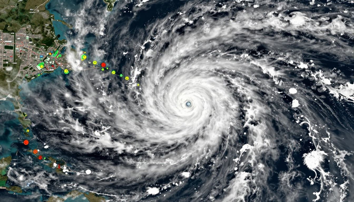 Hyper-realistic satellite imagery of a hurricane forming over the ocean and approaching the coast, showing the eye, swirling clouds, and radar overlays with wind speeds. A distant coastal city prepares for evacuations amid the dramatic aerial composition.