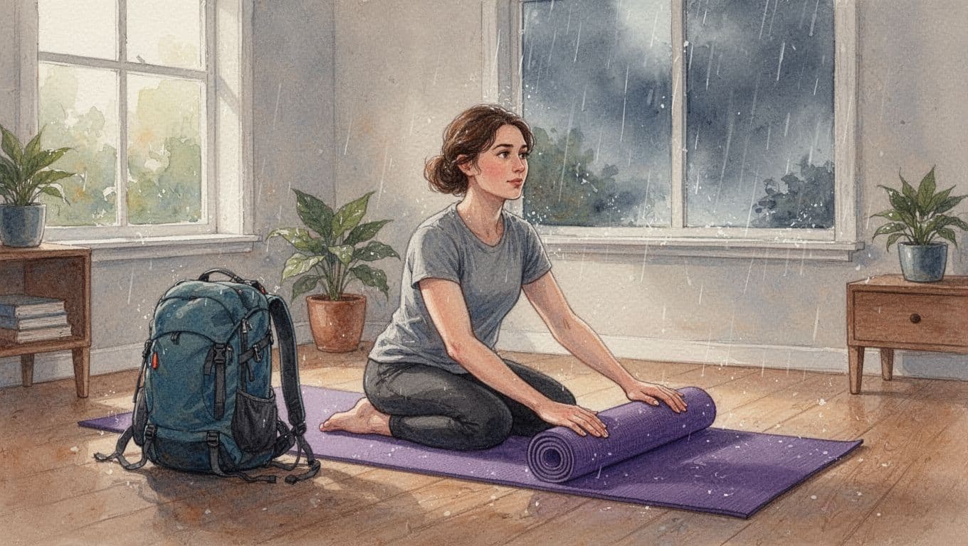 A person in a cozy home interior transitions from packing a hiking backpack to unrolling a yoga mat, with rain visible outside the window, illustrating a flexible weather backup plan in watercolor style with warm tones.