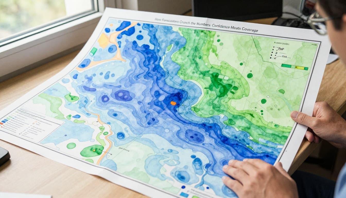 Meteorologist in a cozy office seated at a desk, examining overlapping weather maps on a large screen—one shaded for confidence levels in blue gradients, another for area coverage in green—in watercolor style with soft blending and natural daylight.