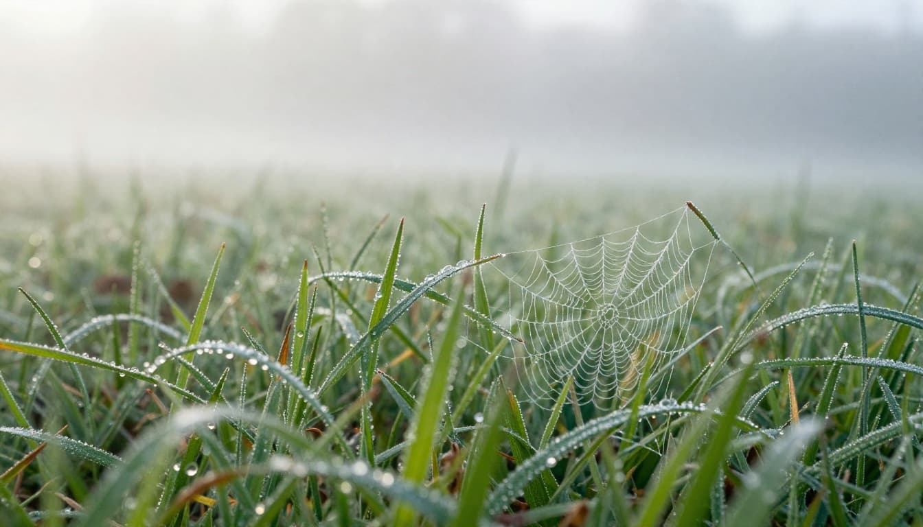 Dew forming on green grass blades and spider web in an early morning field with misty atmosphere illustrating humidity and dew point. Watercolor style features soft blending, visible brush texture, and gentle dawn lighting.