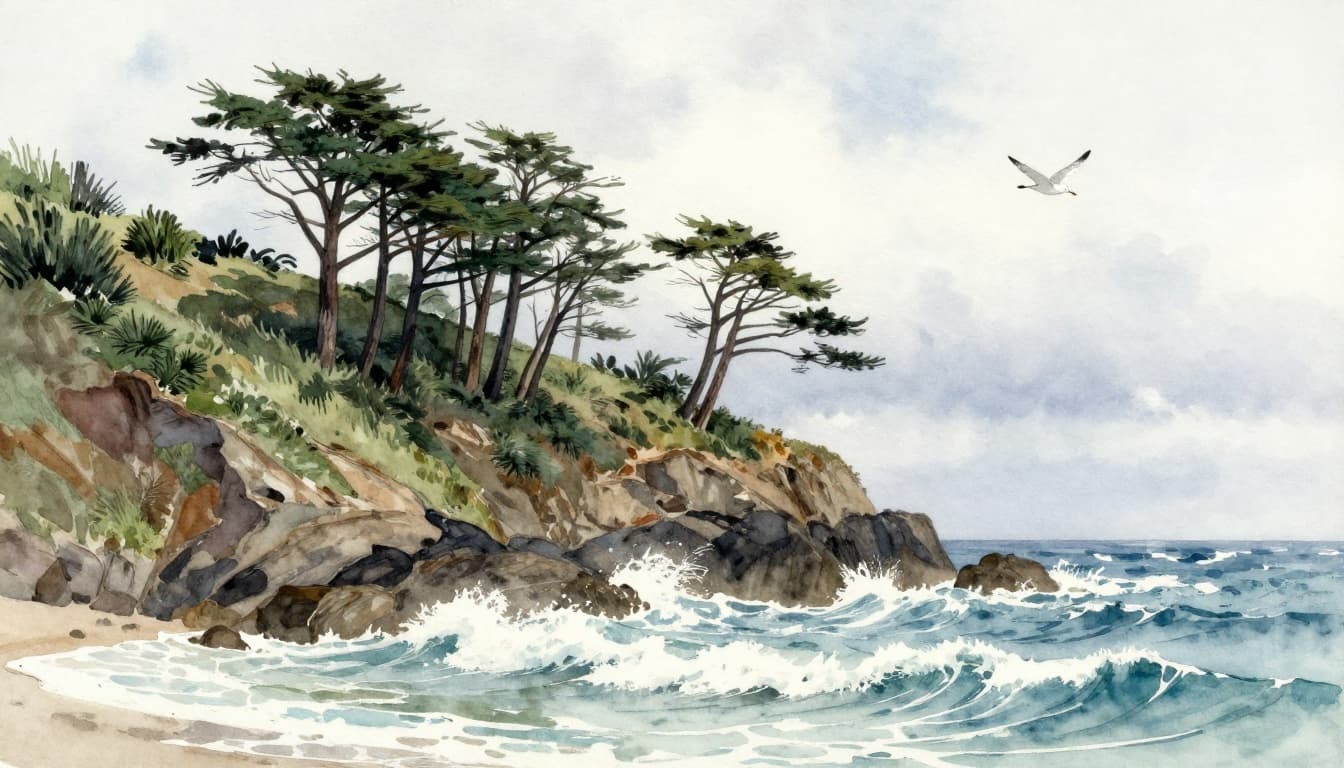 Trees bending in a steady breeze on a coastal cliff, with waves forming whitecaps on the ocean below and a single gull in the overcast sky, rendered in watercolor style with soft blending and brush texture.