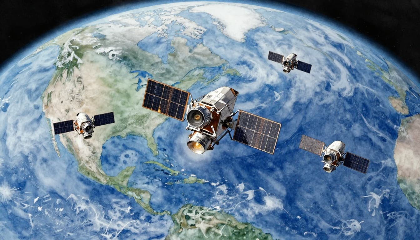 Watercolor illustration of three modern weather satellites like MTG and CubeSats launching or orbiting Earth, featuring glowing advanced sensors, soft blending, brush textures, cool blue tones, and earth-toned palette.