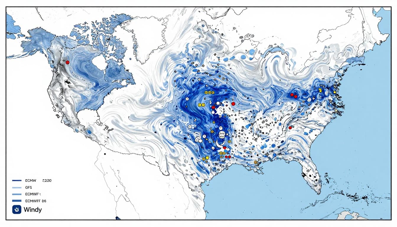 Multi-model weather forecast map showing wind patterns over North America with layered icons for ECMWF and GFS in a clean, professional blue and white graphical style.