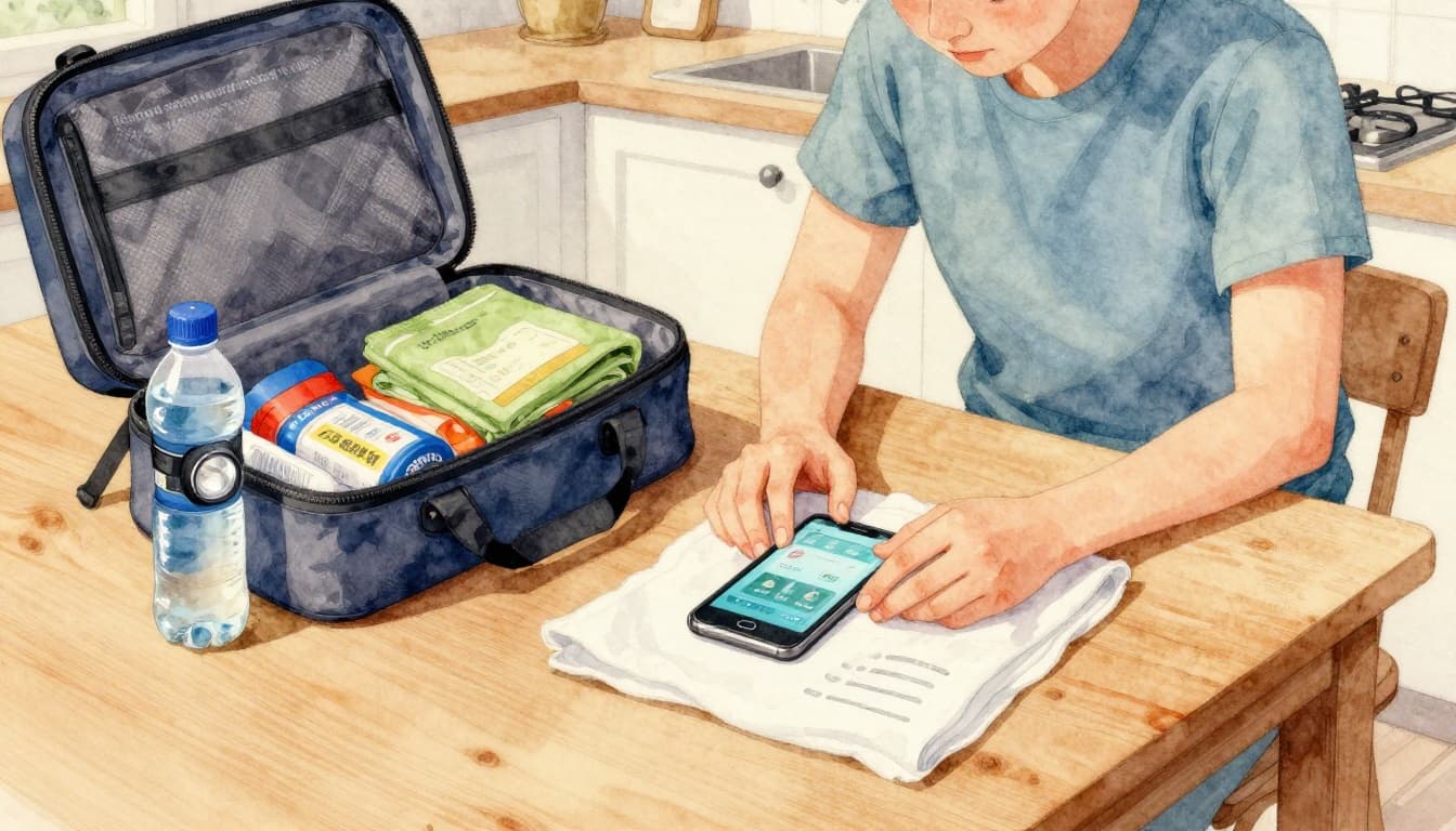 A focused person packing an emergency go-bag while checking a phone for alerts, in watercolor style.