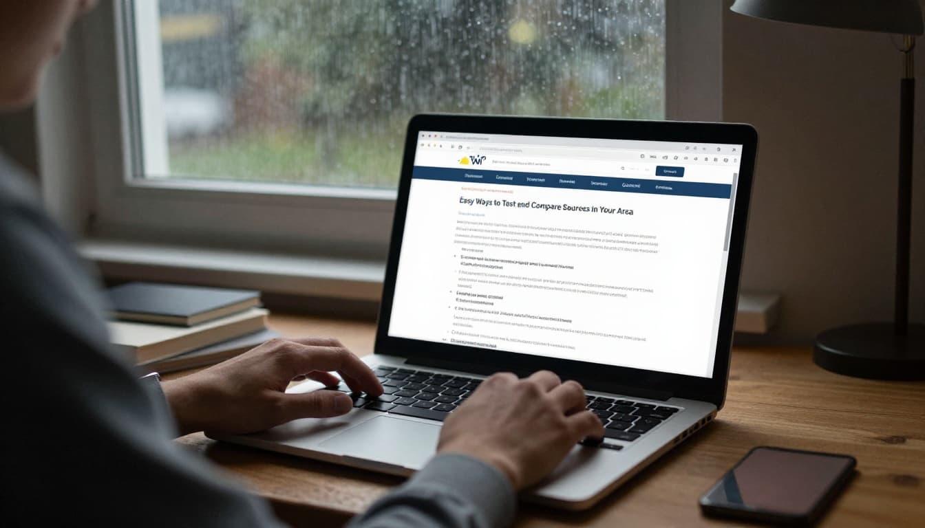 A casually dressed person sits relaxed at a home desk with a laptop displaying a weather website, hands near the keyboard. A rainy scene shows through the window under warm lamp light in this realistic indoor photo.