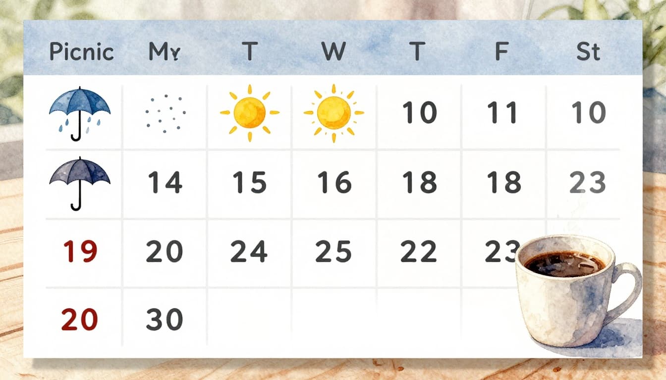 Calendar page on a simple desk with coffee mug illustrating picnic day forecast over ten days using icons for sun, umbrella, and 30% chance outcomes. Watercolor style with soft blending, brush texture, and bright morning light, no people or readable text.