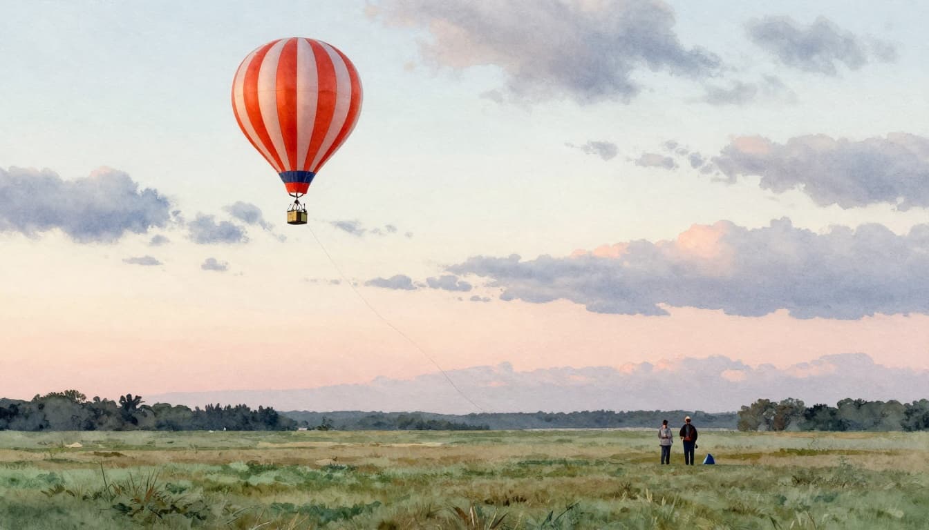 Watercolor illustration of a weather balloon with radiosonde payload launching from a flat field at dawn, string trailing into cloudy sky, two distant ground crew visible.