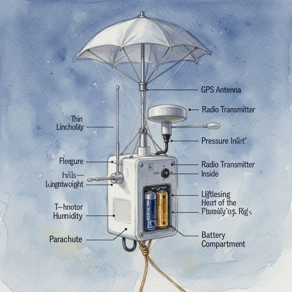 Watercolor-style detailed view of a radiosonde instrument, a small white box with temperature probe, humidity probe, pressure inlet, GPS antenna, battery, transmitter, and parachute hanging from a nylon line in soft natural light with cool blue tones.