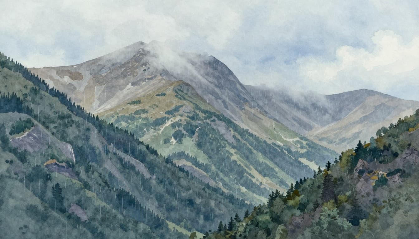 Majestic mountain range blocking moist clouds, with heavy rain and lush green forests on the windward side, and dry shadows plus downslope gusts on the leeward side, rendered in watercolor style.
