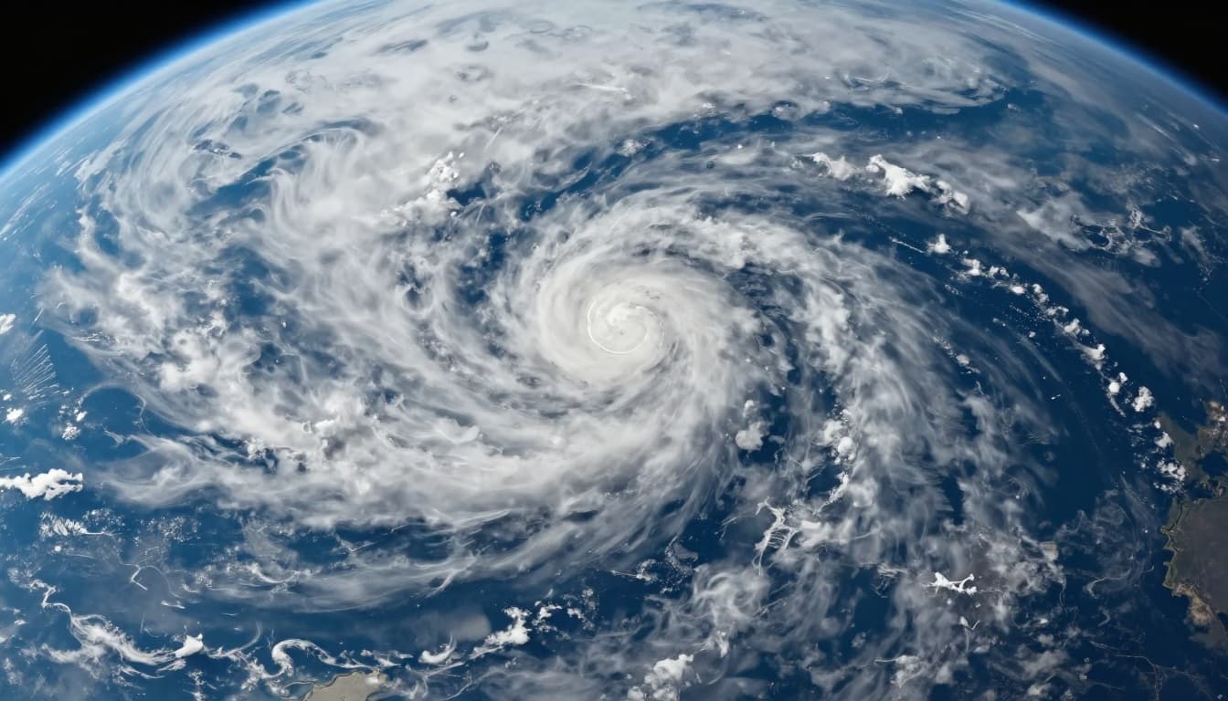 Satellite view of Earth from space showing swirling storm clouds over oceans and land masses below, in watercolor style soft blending brush texture consistent palette blues whites grays.