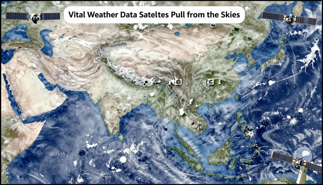 Satellite sensors capture infrared images of temperature profiles, clouds, rain, and winds over a continent in watercolor style with subtle layered data.