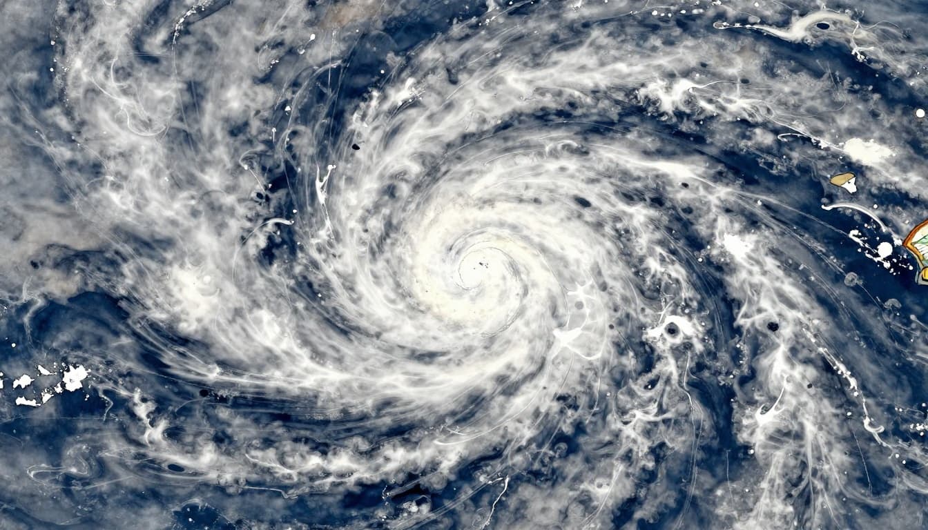 Watercolor illustration of a hurricane's eye over the ocean tracked by satellites from space, featuring visible wind patterns, rain bands, soft blending, brush texture, cool blue tones, and earth-toned palette.