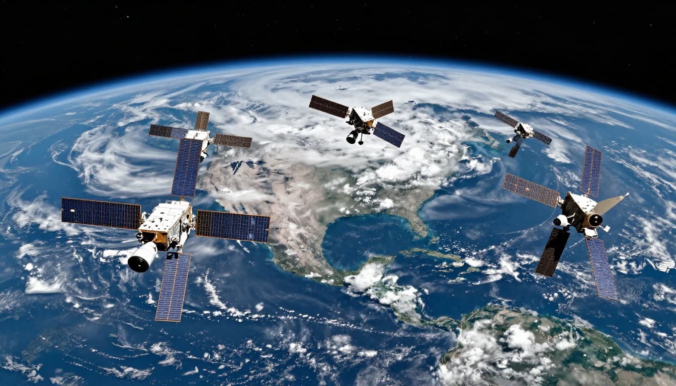 Multiple weather satellites in formation orbit Earth, capturing intricate global cloud patterns and ocean temperatures against a starry space background with visible planet curvature, in a realistic scientific style illuminated by bright sunlight.