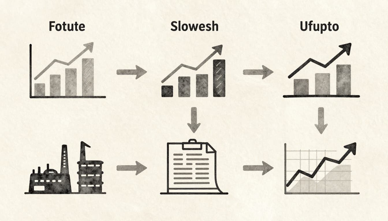 Split scene illustrating three branching paths for future scenarios of economic growth, slowdown, and disruption, with icons like rising graphs and supply chains around a central planning table, in watercolor style with neutral beige background.