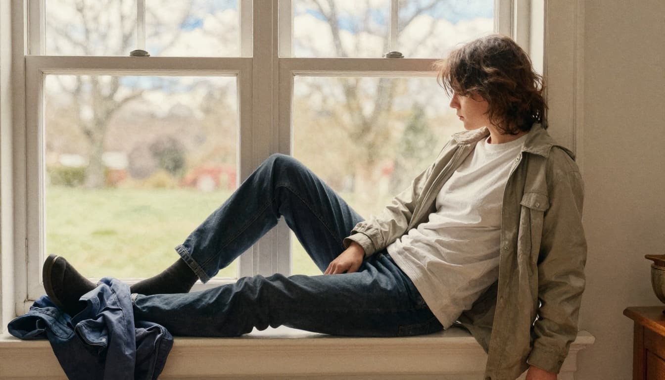 One person in a cozy home interior near a window with March cloudy to partly sunny sky, demonstrating smart layering with t-shirt, sweater, and light jacket for morning chill, jacket removed draped over arm for afternoon warmth, relaxed pose, watercolor style.