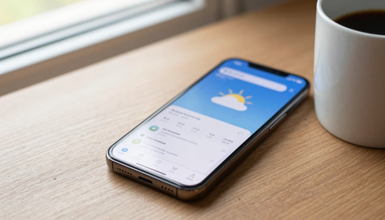 Close-up of a smartphone on a wooden table next to a coffee mug, screen showing blurred weather app interface at a slight angle with soft morning sunlight through a window, realistic product photo style.