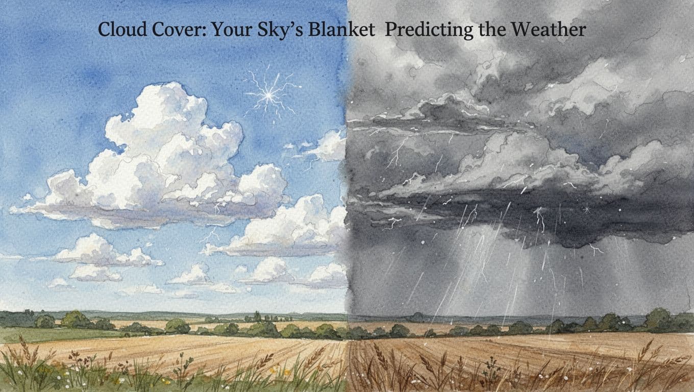 Fluffy white cumulus clouds in a clear blue sky contrast with thick gray stratus and nimbus overcast indicating storms, in a split sky composition with fields below the horizon, watercolor style.