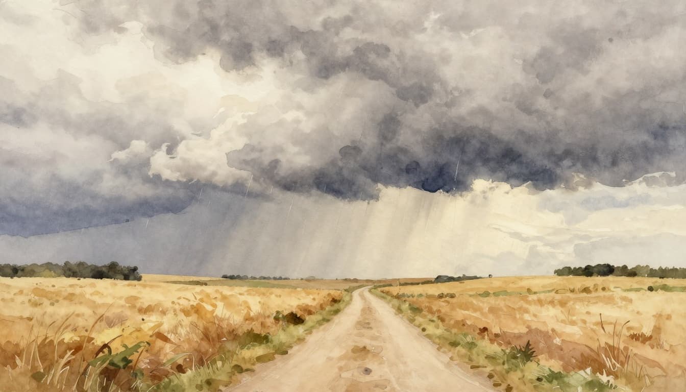 Stormy sky transitioning to clear seasonal landscape with nearby rain clouds and distant sunny fields, path from immediate weather to far horizon, open field setting, watercolor style soft blending and earthy palette.
