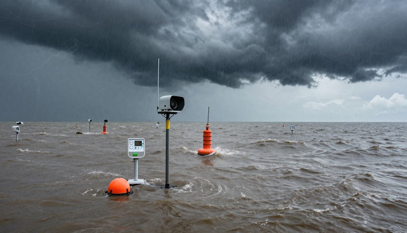 Ground sensors and weather buoys collect real-time data on oceans and rivers during a fierce storm, with a buoy bobbing in rough seas, rain gauge filling with water, and river level rising, set against a map-like background with dramatic clouds and rain.